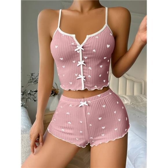 Women's Heart Print Frill Trim Sexy Ribbed Pajama Set, Bow Decor Notched Neck - Picture 5 of 6